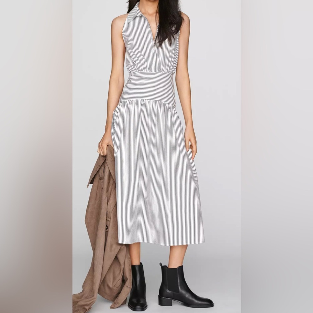 Anthropologie Exquise Tobie Drop Waist Midi Shirtdress Black White Stripe Laken